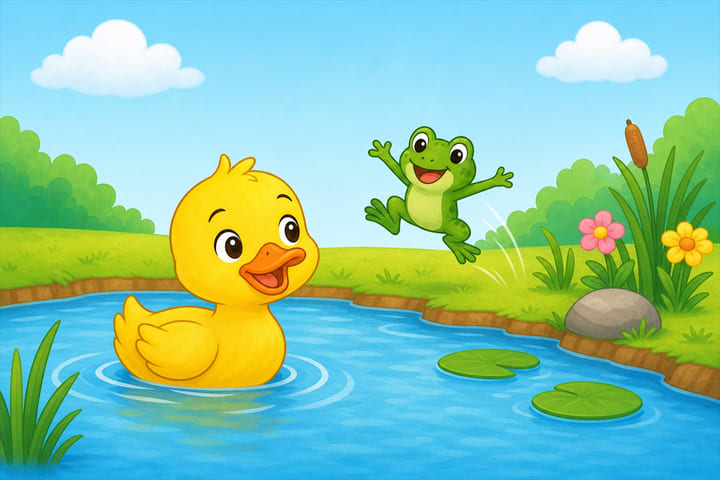Página ilustrada da leitura sobre um pato no lago